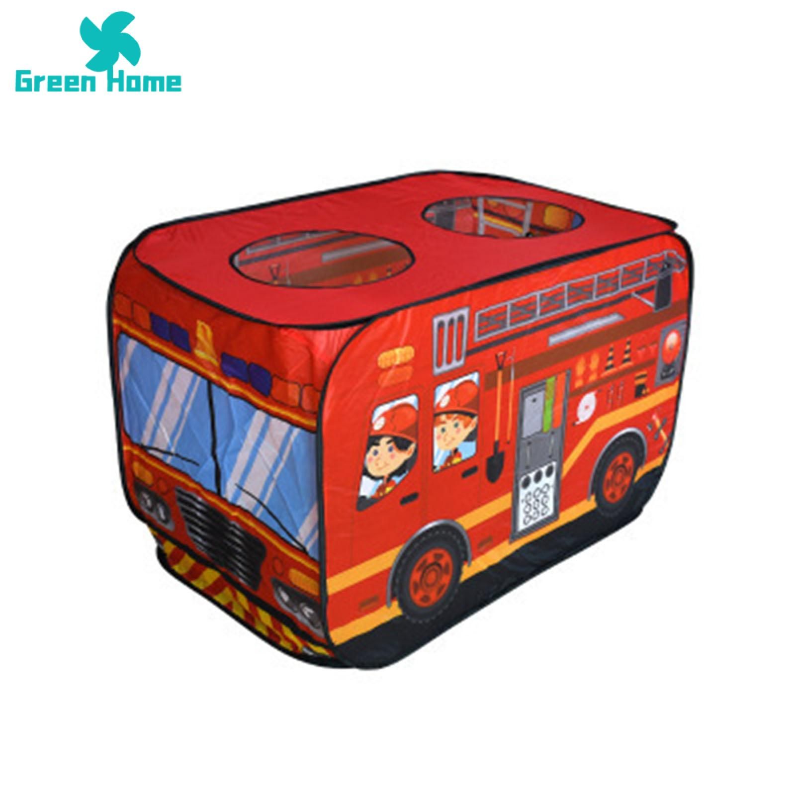 Green Home Play Tent Toy Roller Shutters Fire Truck Car School Bus Kid Game House
