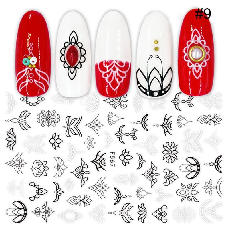 1 Sheet Black White Series Mandala Flowers Nail Stickers Leaf Tropical Butterfly Image 3D Nail Art DIY Decorations