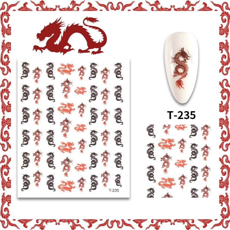 1pcs Traditional Dragon Pattern 3D Nail Stickers Decals Red Black Colorful Self Adhesive Nail Art Decoration Tattoo Tool newest