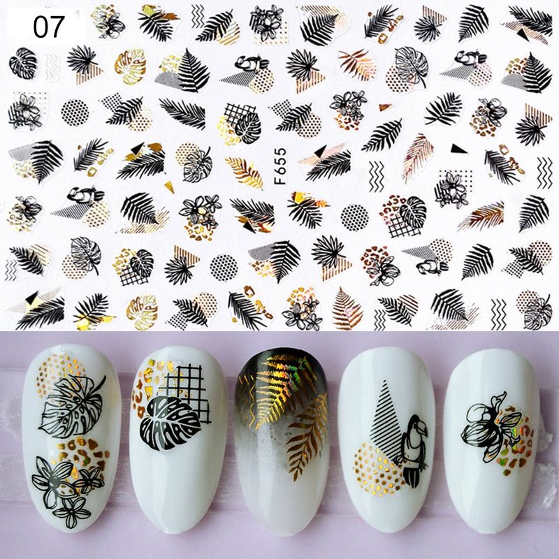 Laser Gold Silver 3D Nail Sticker Summer Leaves Design Transfer Sticker Nail Art Decals Slider Nail Art Decoration
