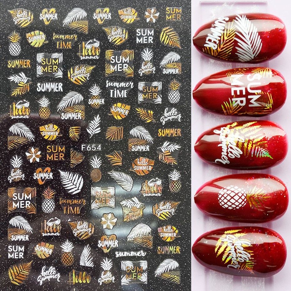 Laser Black White Leaf Letter Nail Sticker Fruit Geometric Vine Leaves 3D Transfer Decal Strip Summer Nail Decoration SAF654-661