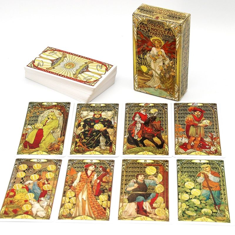 Golden Art Nouveau Tarot Cards 78Pcs Fate Prediction Tarot Deck Occult Divination Board Game for Adults Magical Oracle Game Card