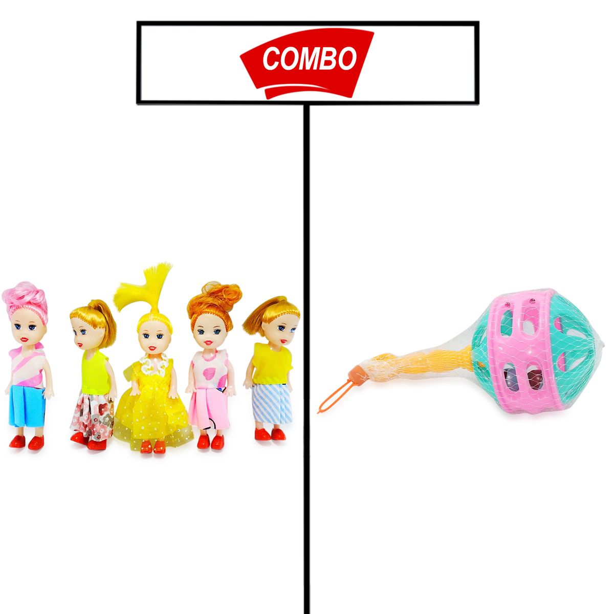 Toy Plastic New Boarn Baby Jhunjhuni & 6 pcs Baby Soft Doll set combo