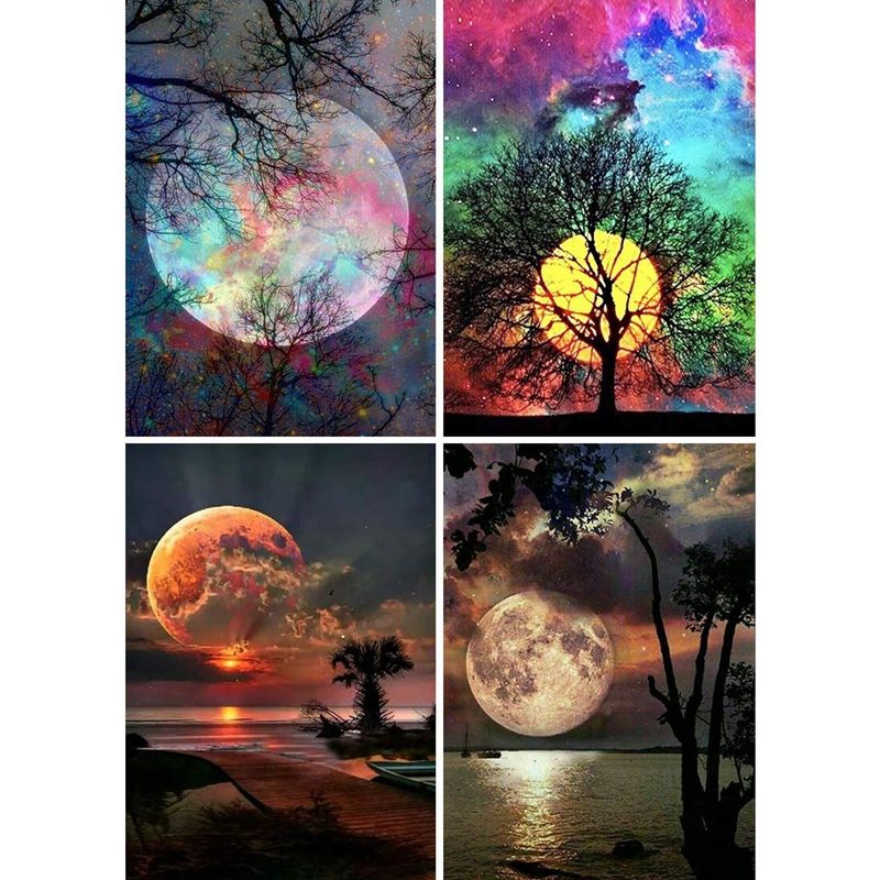 4 Pack Full Drill Diamond Painting Kit, DIY Diamond Rhinestone Painting Kits for Adults and Beginner Diamond Art Craft Home Decor, 15.8 x 11.8 Inch (Moon)