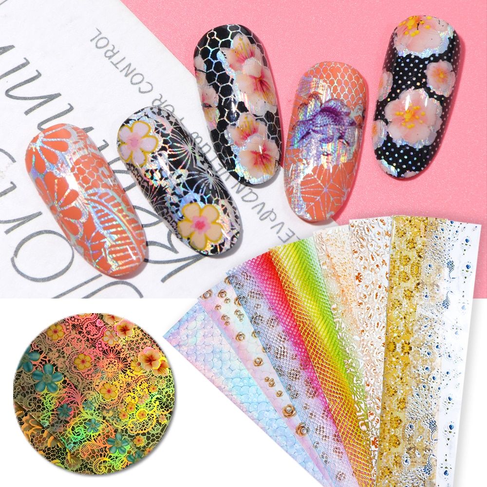 Mix 16pcs Snake Skin Print Grids Design Transfer Foil Nail Art Decoration Sticker Tattoos Laser Holographic Tip Slider Set SA937