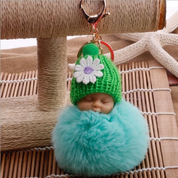 New  Cute Sleeping Baby Doll KeyChains For Women Bag Toy Key Ring Fluffy Pom pom Faux Fur Plush Keychains