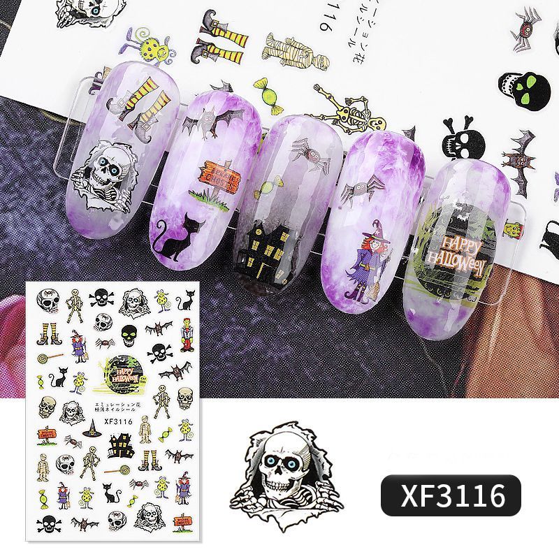 1pc Halloween Nail Art Stickers Bat Witch Nail Art Design 3D Adhesive Decals Tips Decorations