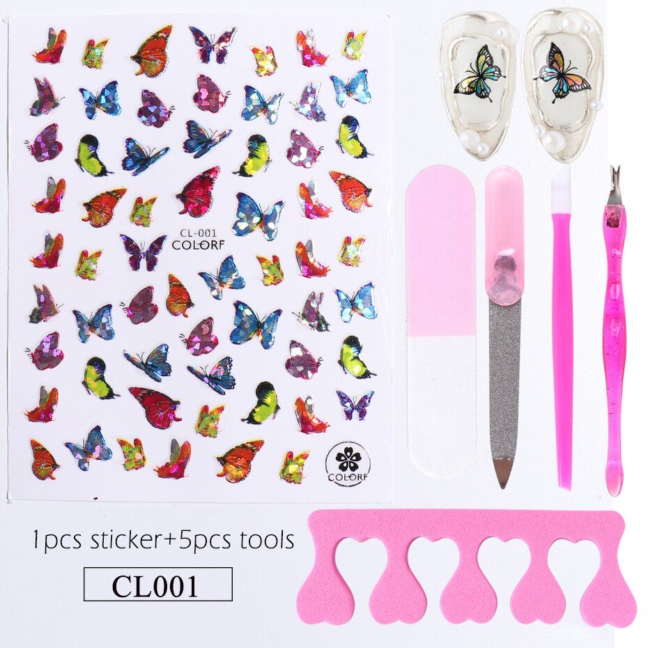 est 3D Butterfly Nail Art Stickers Colorful Laser Self Adhesive Decals Foils for Gel Polish Manicure Decorations CHCL001-009