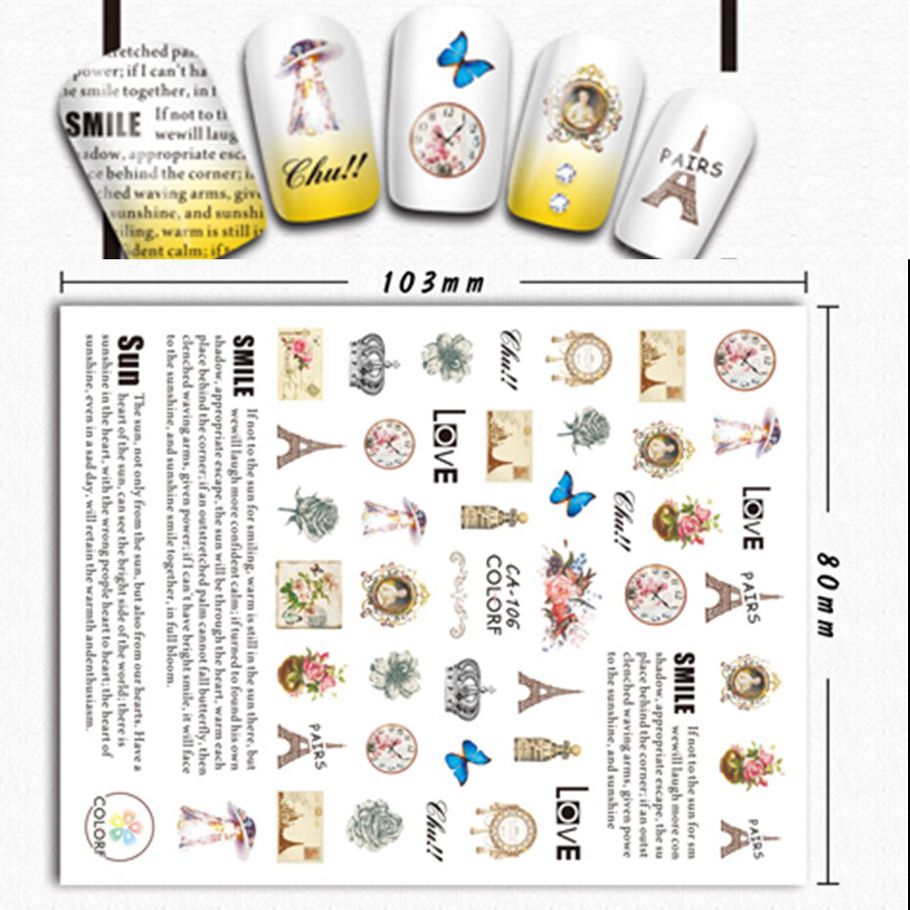 Vintage 3D Stickers Nail Art Decal Wraps Newspaper Fragments Personality Letter Slider Tips On Nails Decoration LYCA017-409
