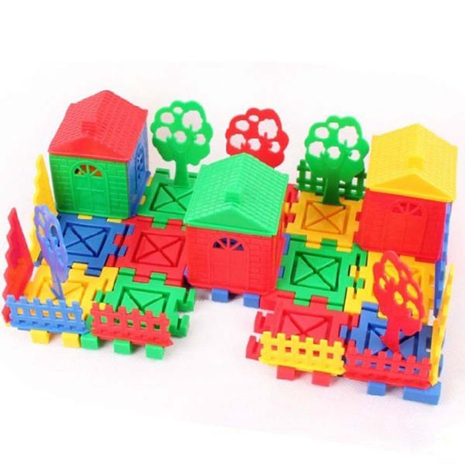 House Building Blocks Educational Learning, Happy Home plastic building blocks baby park pieced together puzzle blocks toy Kids Non Toxic Material - multicolor