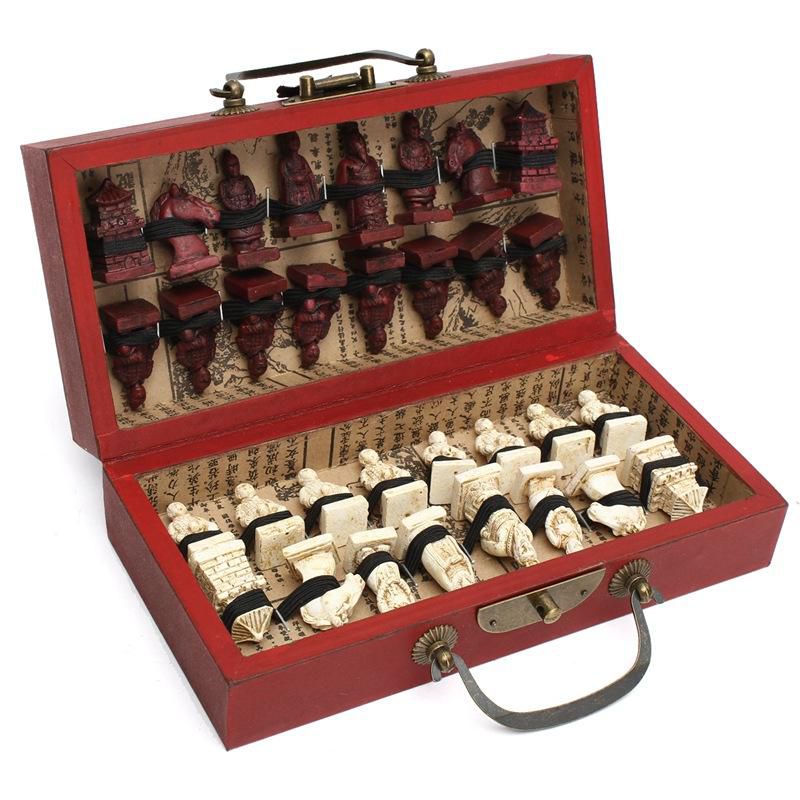 Chinese Wood Leather Box with 32 Pieces Terracotta Figure Chess Set Entertainment Checkers Chess Traditional Games