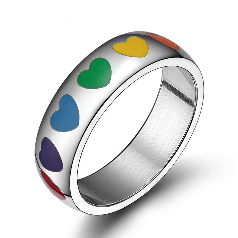 Wholesale Rainbow Lesbian Rings silver color Stainless Steel Lgbt Pride Ring 6m Width