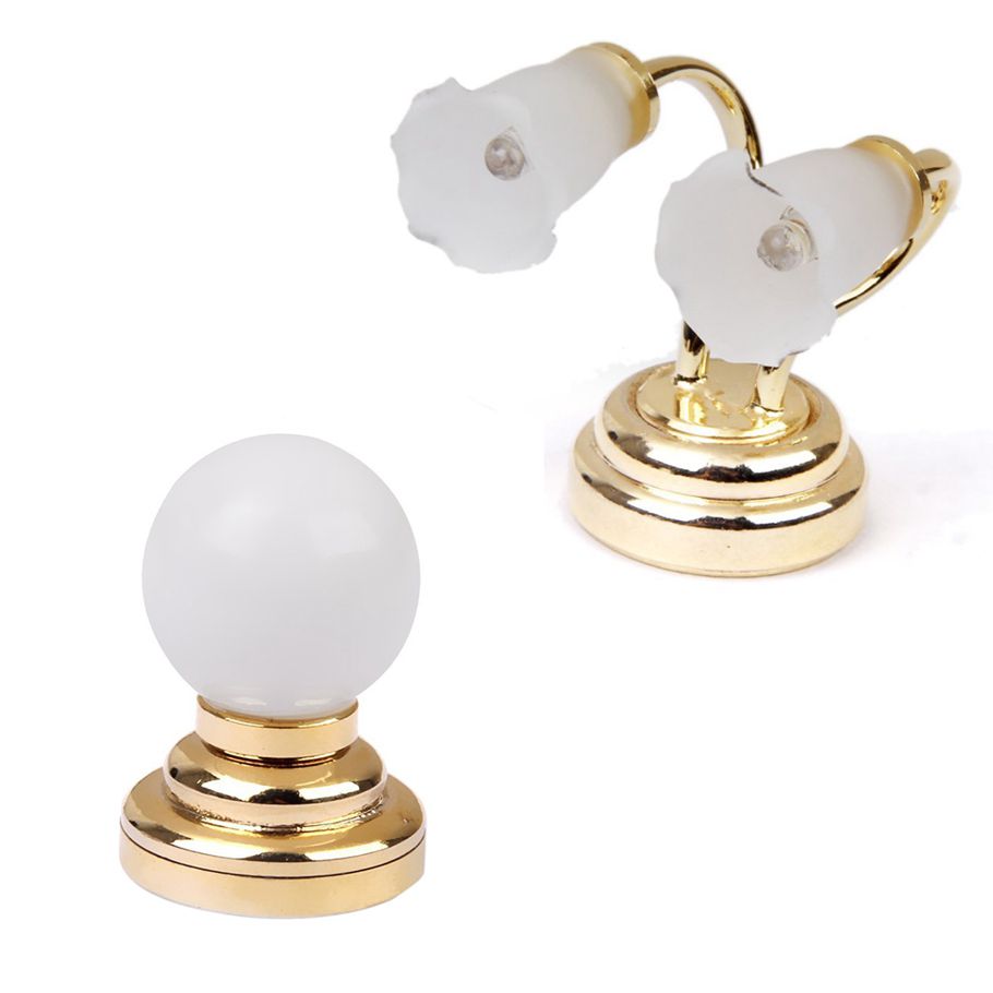 2 Pcs 1:12 Doll house Miniature LED Mini Double Headed Wall Lamp Light Gold & White - Gold & white
