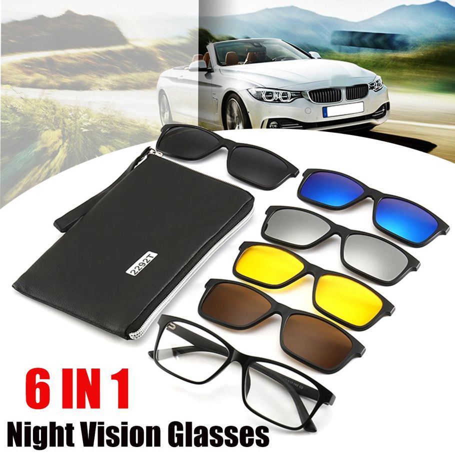 Practical 6 IN 1 Night Vision Glasses Polarized Sunglasses With Carry Bag