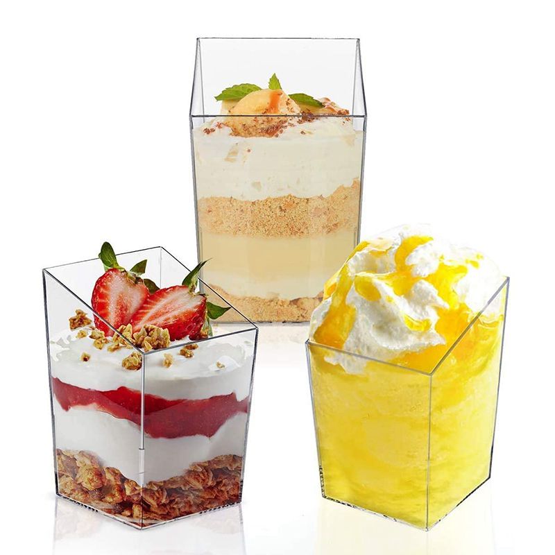 24Pcs Disposable Plastic 85Ml Transparent Bevel Square Dessert Cup with Spoon Cake Snack Ice Cream Salad Bowl Party Cup