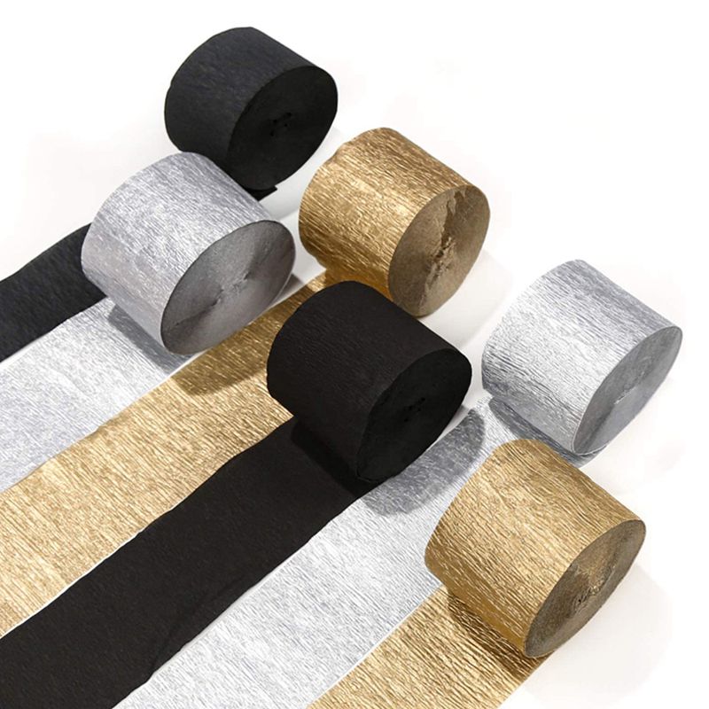 Crepe Paper Streamers12 Pcs Gold Streamers, Silver and Black Streamers Party Decorations for Birthday Party Wedding