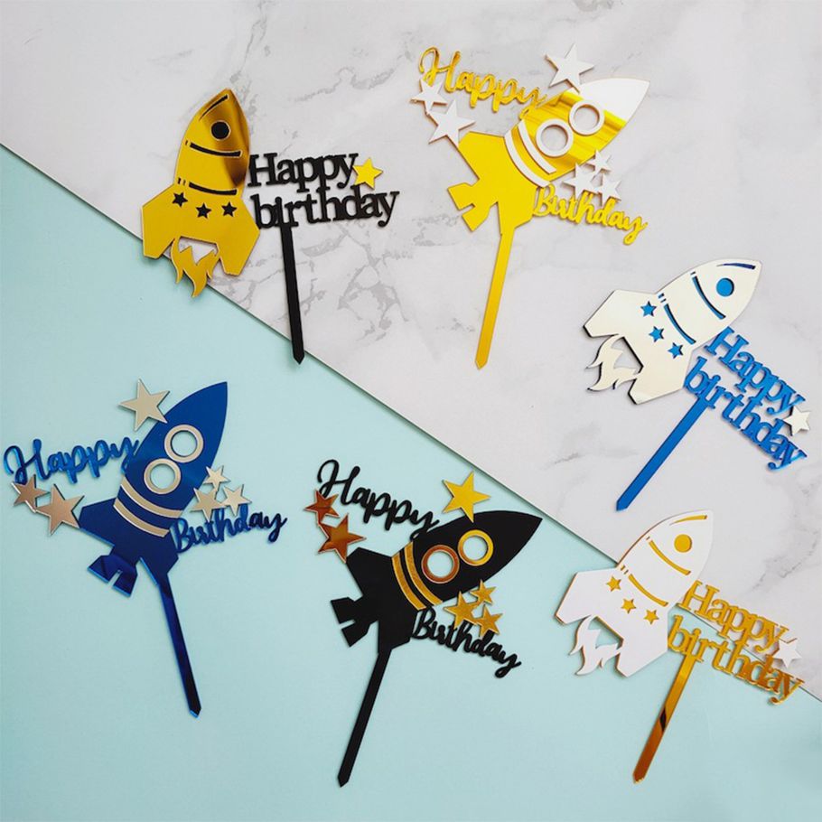 Creative Acrylic Rocket Cake Topper Diy Happy Birthday Cake Toppers Dessert Decoration For Kids Birthday Party