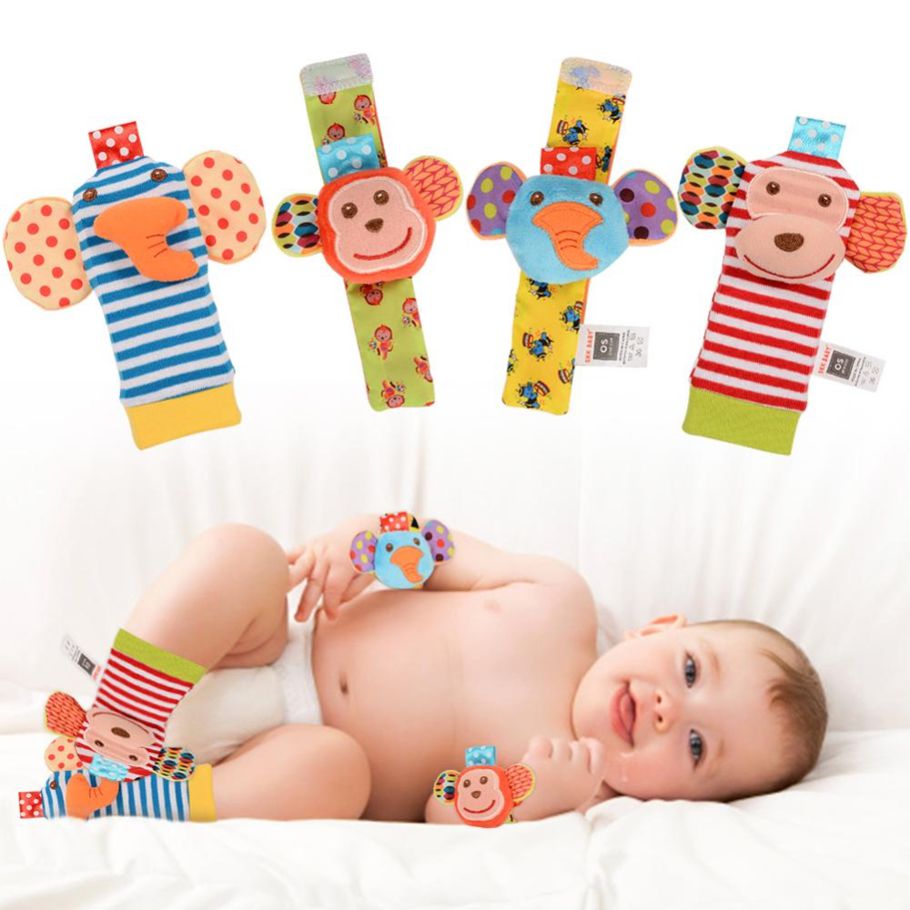 Animal Ba Wrist Rattles and Foot Finder Set Developmental Soft Toys - Monkey and Elephant - 4PCS