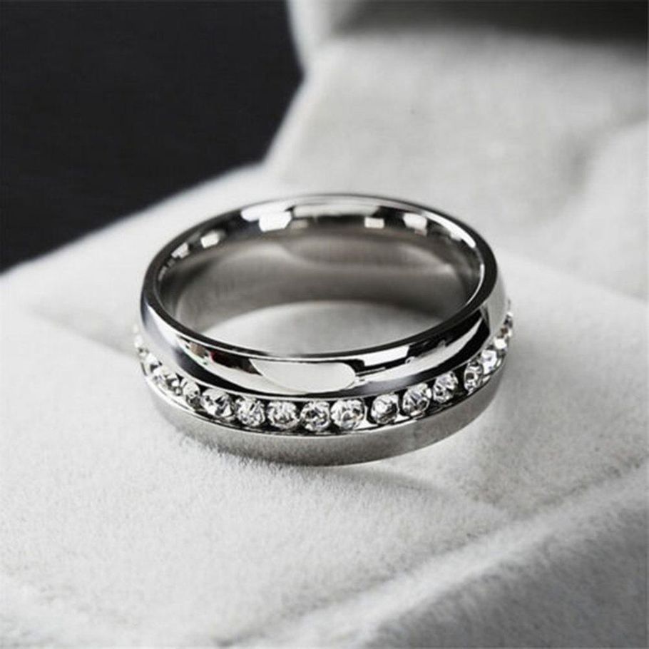 TE Stainless Steel Semi-Precious Stones Finger Ring Women Bridal Wedding Ring