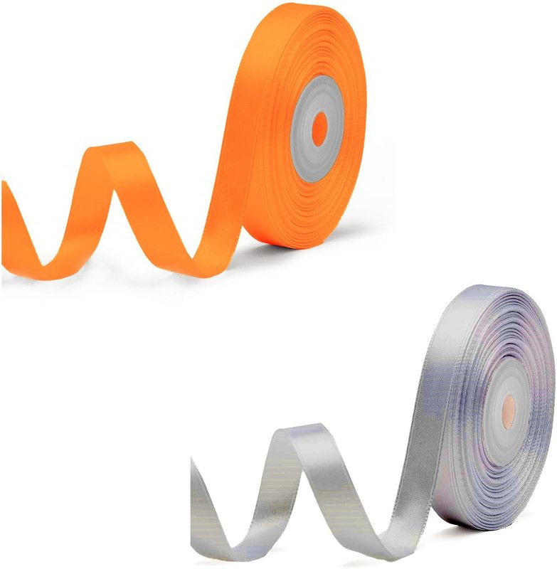 Adhvik Pack of 2 (1.2cm X 18 Mtr) Satin Ribbon for Parties Decoration (Grey & Orange) Multicolor Satin Ribbon  (Pack of 2)