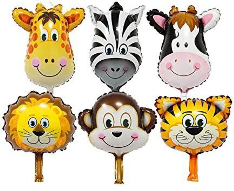 Skywalk Solid Pack of 6 Cartoon Animal Theme Foil Balloons for Decorating Birthday Party (Mix design) Balloon  (Multicolor, Pack of 6)