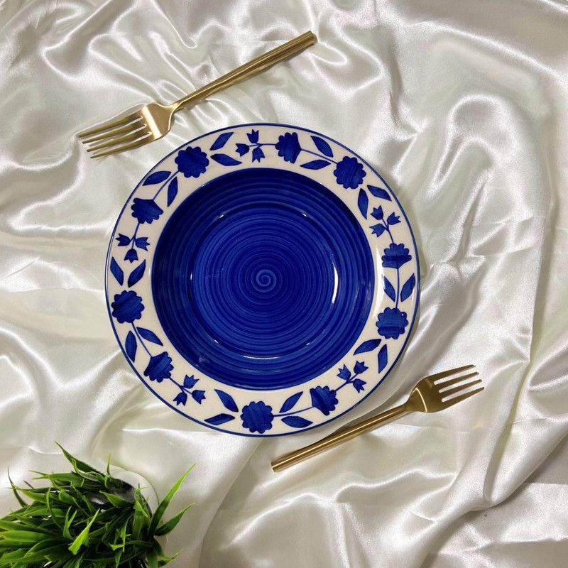 Ceramic Dining Royal Blue Floral Hand-painted Ceramic Deep Pasta Plate Charger Plate  (Microwave Safe)