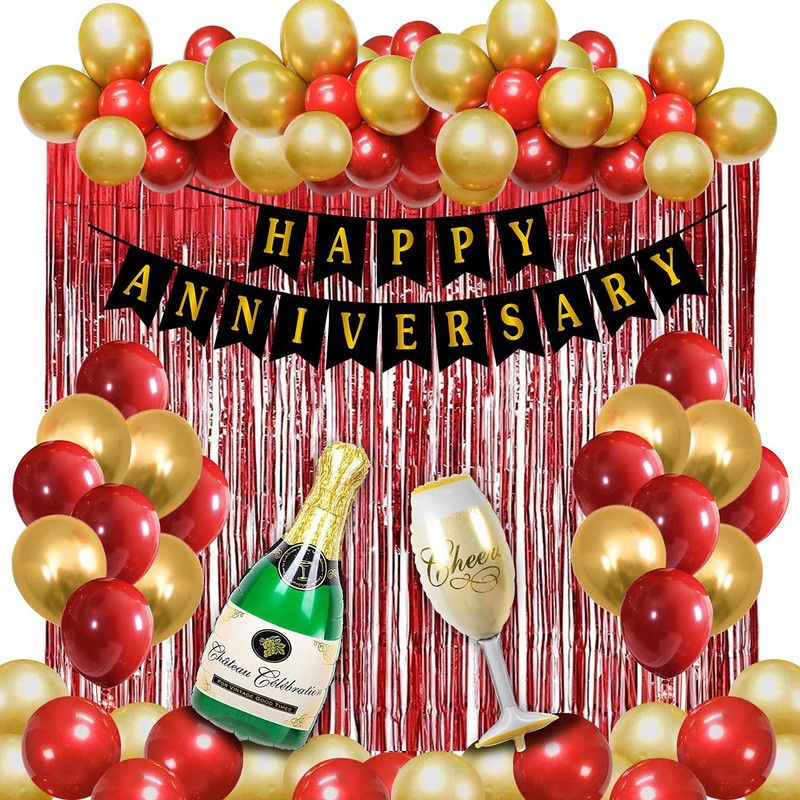 Realistic Store Solid Happy Anniversary Banner Combo with Foil Curtain , Champagne Foil , Metallic Balloon & Curling Ribbon for Anniversary Party Decorations / Wedding Anniversary Decoration Items Letter Balloon  (Gold, Red, Pack of 46)
