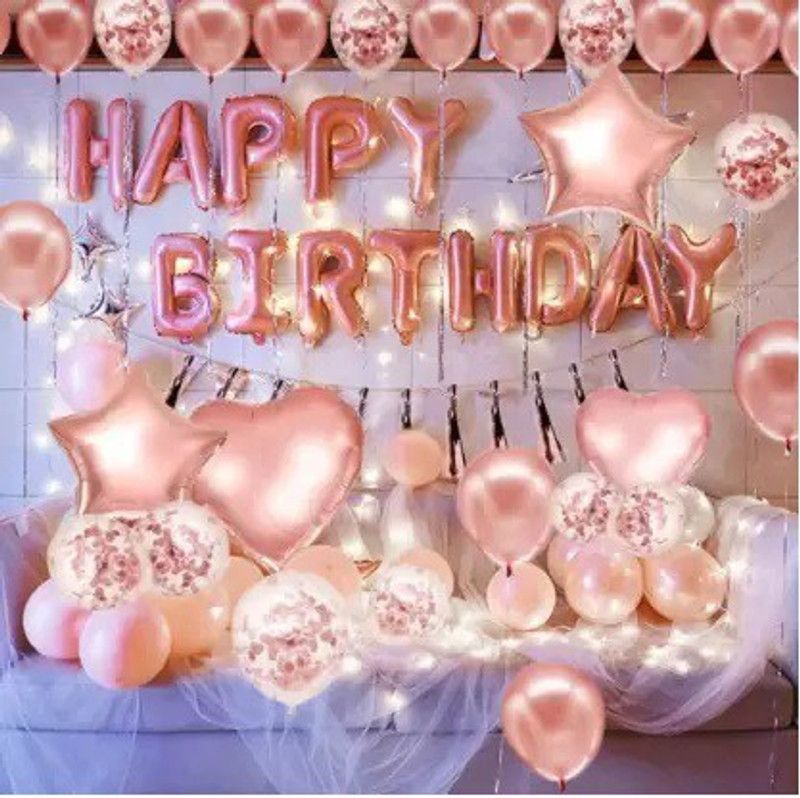 Prihit Solid Happy birthday set + 30 Pink, 5 White Balloons + 1 Pump + 2 Heard + 2 Star Balloon  (Multicolor, Pack of 41)