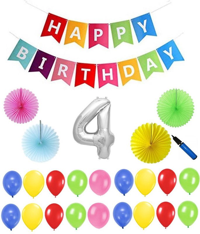 Bash N Splash Solid Multicolor 4th Happy Birthday Party Decoration Pack with pump (Pack of 57) Balloon  (Multicolor, Pack of 57)