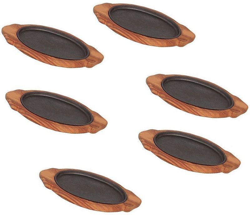 SkyKey Sizzler Plate with Wooden Base Oval, 13"7", Brown, 6 Piece Sizzler Tray  (Pack of 6)