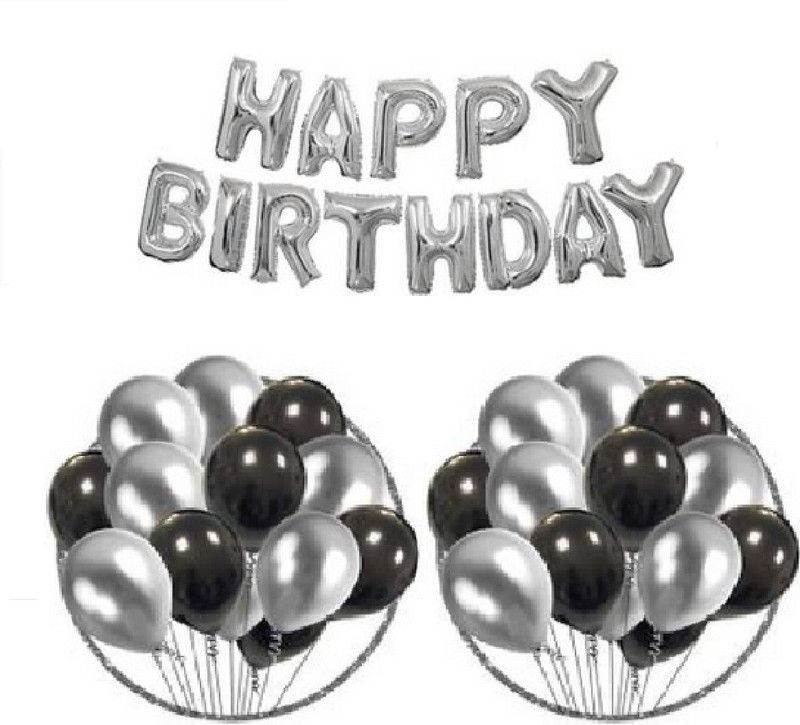 ROZANOPARTY Solid "HAPPY BIRTHDAY" Letter Foil Balloon(Pack of 13), 50 Metallic Balloons( Black, Silver ) for decoration. Balloon  (Black, Silver, Pack of 63)