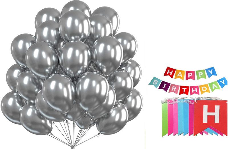 Neevaza Solid With Banner_Silver_100 Balloon  (Silver, Pack of 100)