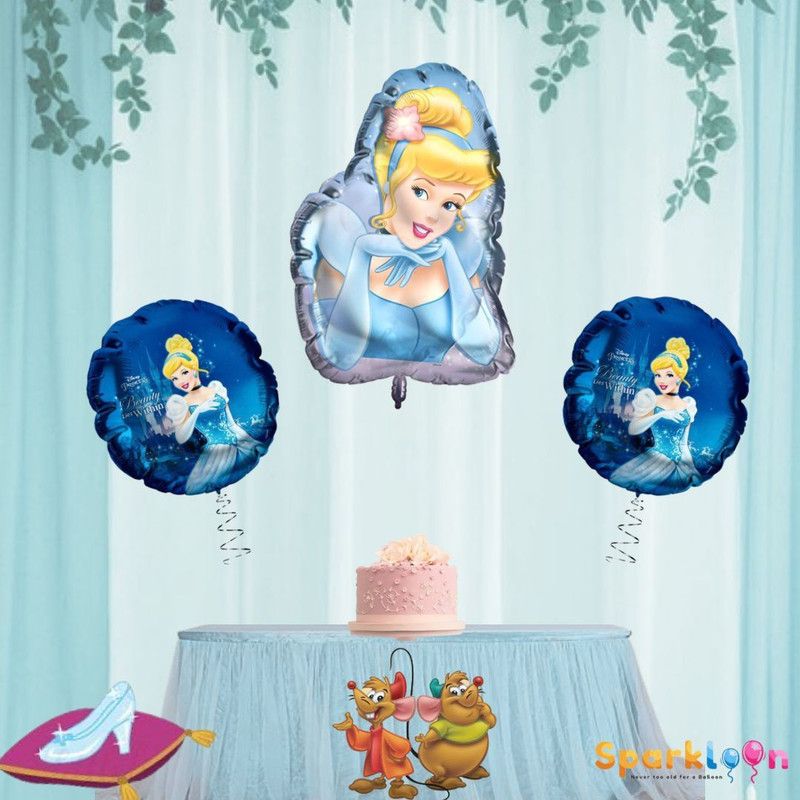 Sparkloon Printed Disney Princess Cinderella Set of Combo Foil Balloon Bouquet  (Blue, Pack of 3)