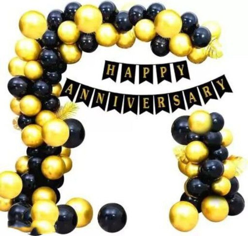 Elderwand Printed Happy Anniversary Banner Balloon  (Black, Gold, Pack of 51)