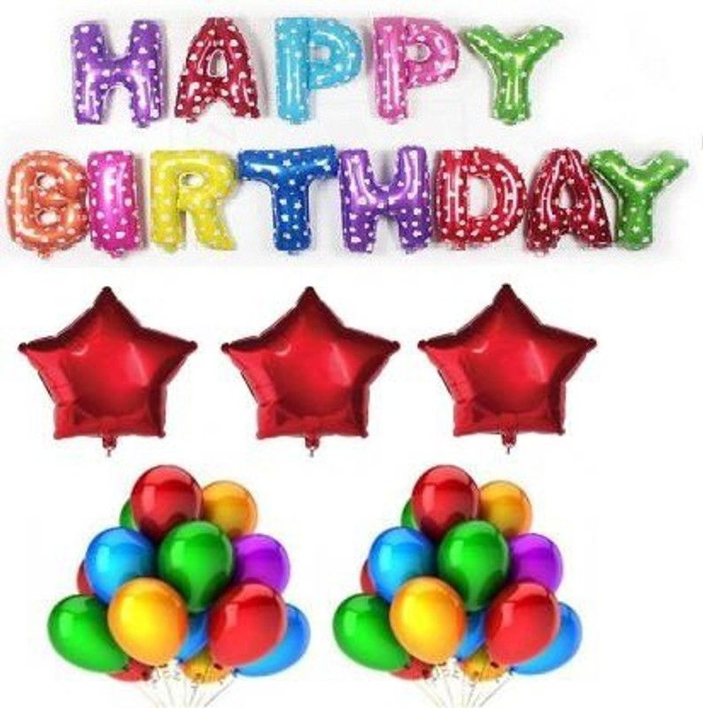 Anayatech Printed Printed Happy Birthday Banner multi, 3 red Foil Star Balloon (Multicolor, Pack of 50) Balloon  (Multicolor, Pack of 50)