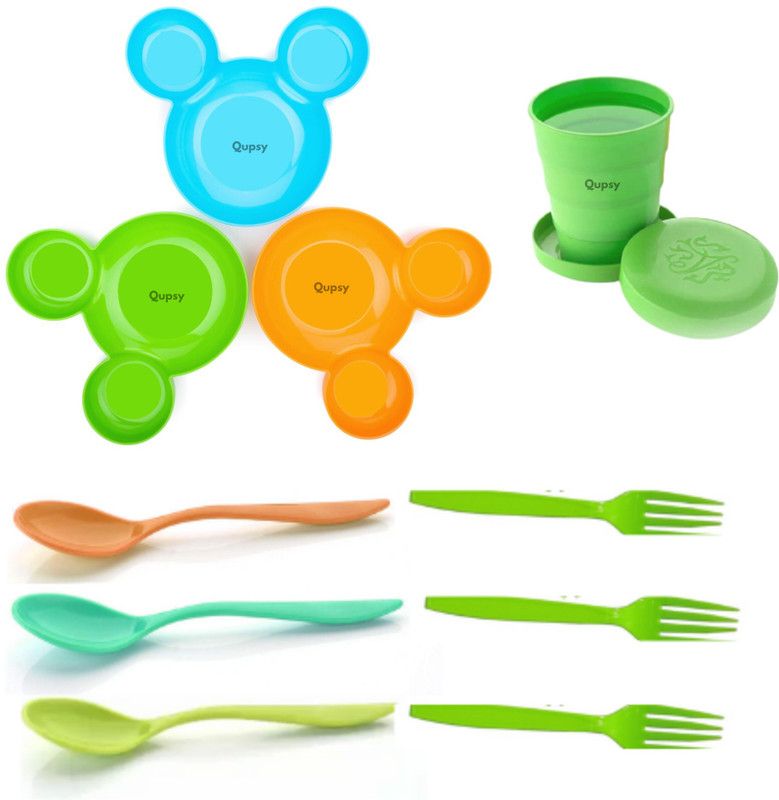Qupsy Mickey Shaped Kids Snack Serving Sectioned Plate with Spoon & Pocket Glass Sectioned Plate  (Pack of 10, Microwave Safe)