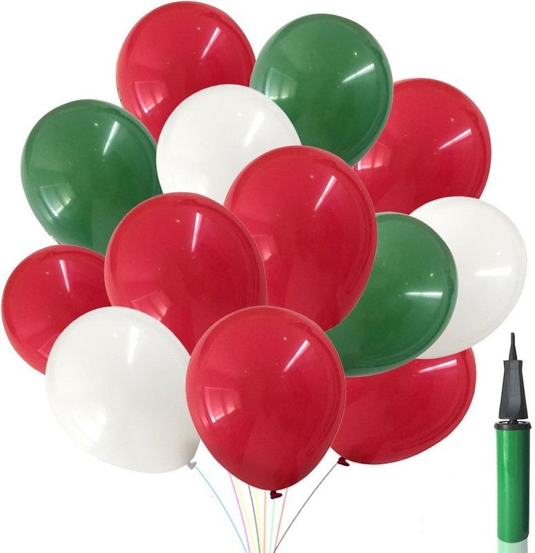 PartyballoonsHK Solid Xmas Decorations 100 pcs ,12 Inches Party Green Red White Latex , with a Hand Held Air Inflator, Xmas Balloon  (Red, White, Green, Pack of 2)