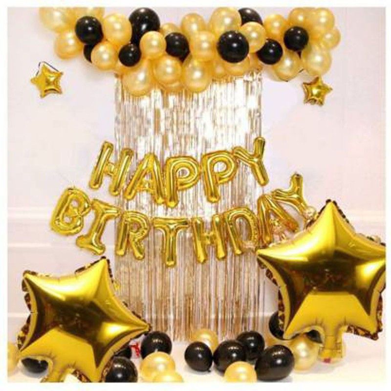 New Creativeness Solid 1 Foil gold Happy Birthday Banner, 4 Foil Star Golden, 50 gold and black balloon Balloon  (Gold, Black, Pack of 67)