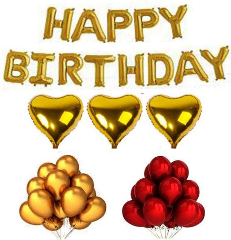 Blooms Mall Solid 49 pcs surprise Combo Happy Birthday Letter foil balloons + heart shape Foil Balloons + Metallic Balloons Balloon  (Red, Gold, Pack of 49)