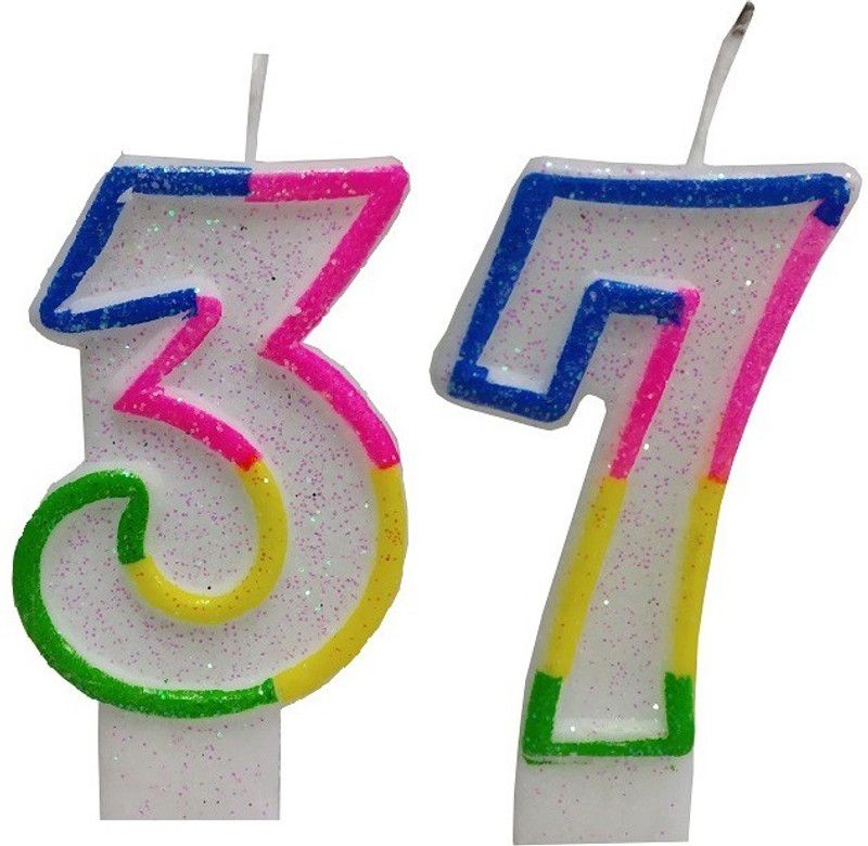 Stylewell Two Digit ( Number 37 ) Rainbow Border Glitter Candle for Birthday Candle  (Multicolor, Pack of 2)