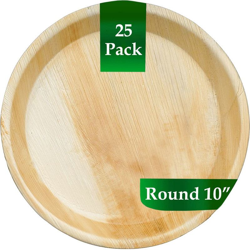 TruSwag Disposable Wooden Plates Round 10" Areca Palm Leaf Plates Dinner Plate  (Pack of 25, Microwave Safe)