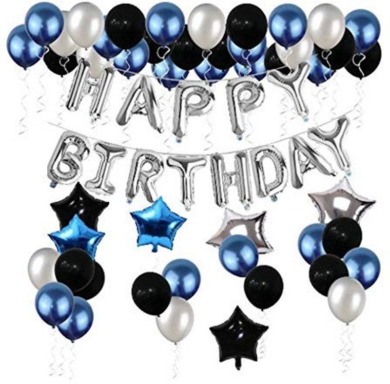 Blooms Mall Solid Lavish Decor Combo Birthday Letter foil Balloon + Star Foil + Mettallic Balloon Balloon  (Black, Blue, White, Pack of 121)