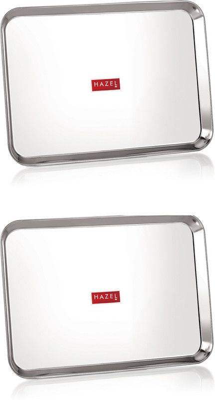 HAZEL Stainless Steel Serving Trays Rectangle Premium Dining Table Plater Set of 2, Large, Silver, 37.2 x 26.4 cm Tray  (Pack of 2)