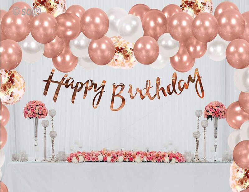 SOI Solid Happy Birthday Letters Bunting Banner with HD Metallic and Pre Filled Confetti Balloons Decoration Kit Set Decorations Items Combo (Rose Gold) Balloon  (Pink, Pack of 36)