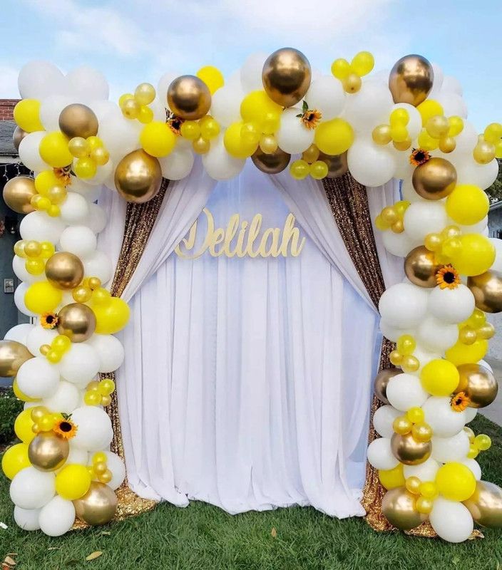 Bash N Splash Solid White & Yellow Balloon Garland Party Decoration With Golden Chrome balloon with pump Glue Dot & Arc Strip (Pack of 168) Balloon  (Yellow, White, Gold, Pack of 168)