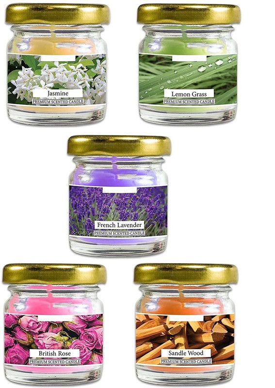 Twixxle XIX™-921-BV-Jasmine,Lemon Grass,French Lavender,British Rose,Sandle Wood Scented Glass Jar Candle Candle  (Multicolor, Pack of 5)