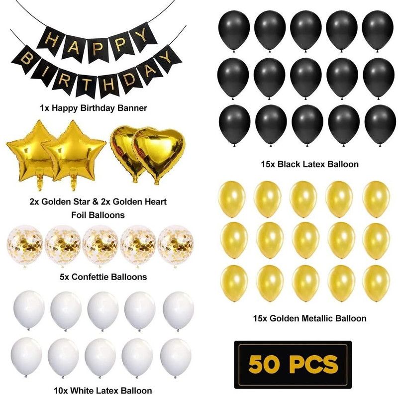 Party Spritz Golden & Black Happy Birthday Banner Combo Foil And Metallic Rubber Balloon Confetti Balloons