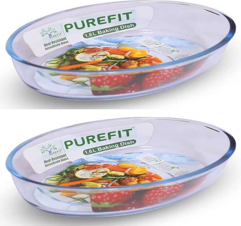 PUREFIT Borosilicate Glass Bakeware Oval Baking Dish 1.6 L Microwave Oven Safe- Baking Dish  (Pack of 2, Microwave Safe)