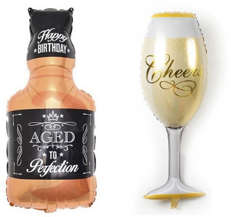 De-Ultimate Printed White Wine Glass Cheers Large And Whisky Bottle 3D Foil (2) Balloon  (Multicolor, Pack of 2)