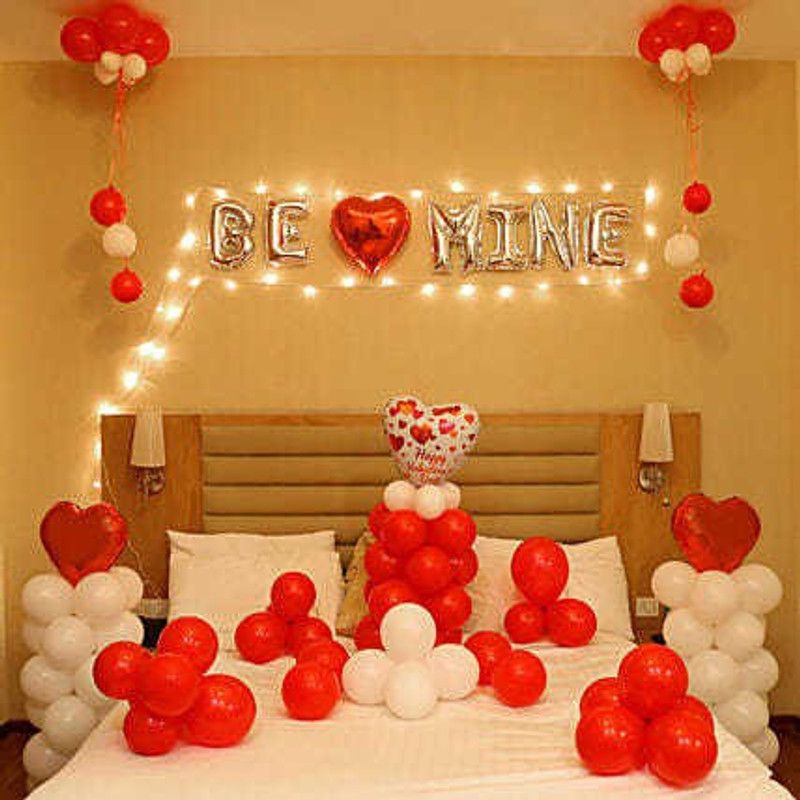 NVRV Solid PARTY DECORATION SET BE MINE WITH HEART & BALLOONS Balloon  (Red, White, Silver, Pack of 110)
